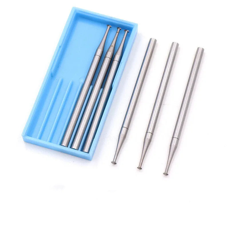 Blue box containing six tungsten steel carving milling cutter grinding heads with thin disc needle shapes and 2.35mm mandrels.