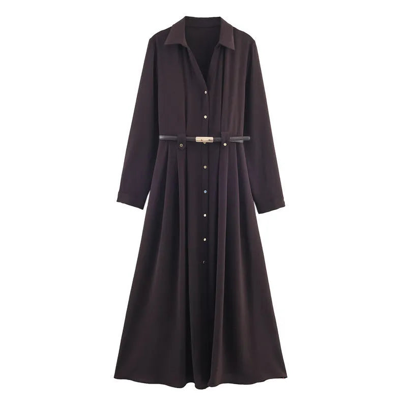 Women's minimalist shirt dress with belt, long sleeves, mid waist, pleated asymmetrical short skirt, nylon, XS to L