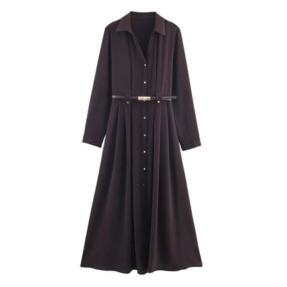 Women's minimalist shirt dress with belt, long sleeves, mid waist, pleated asymmetrical short skirt, nylon, XS to L