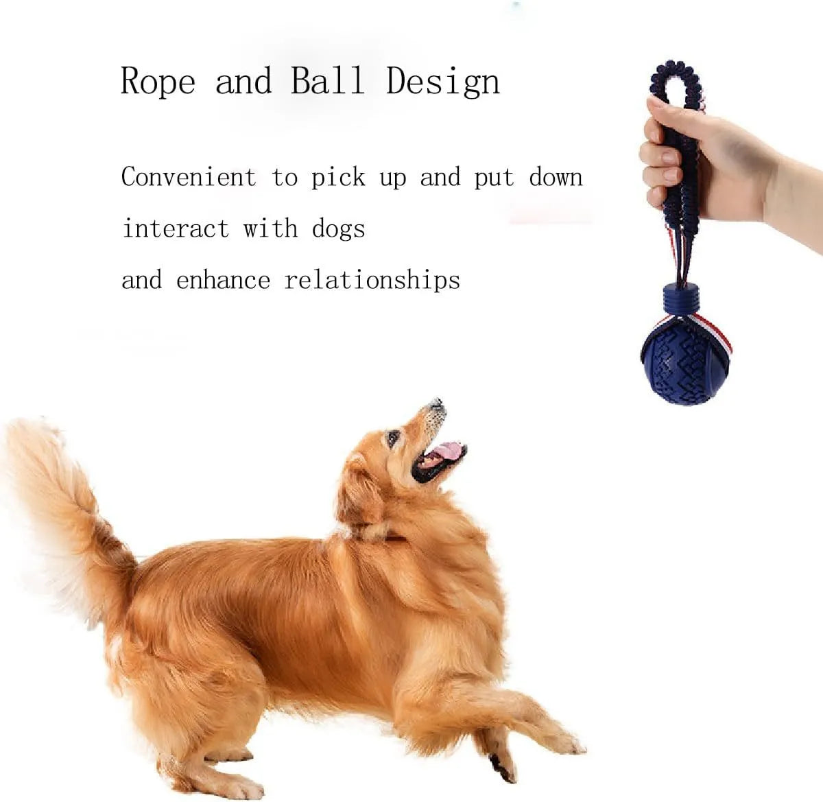 Blue dog ball with rope toy showing 6.5cm diameter textured rubber ball on 29cm rope for dental cleaning and tug-of-war