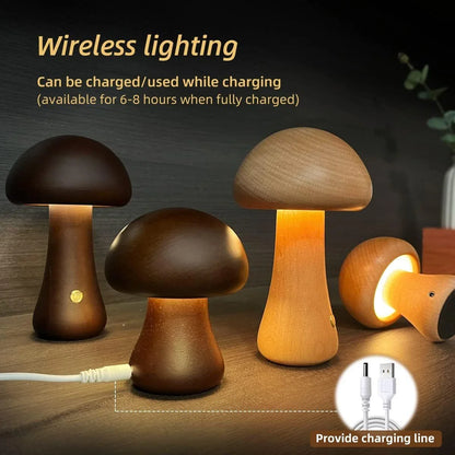 Charming wooden mushroom-shaped LED night light with touch control for bedroom, nursery, or living room decor