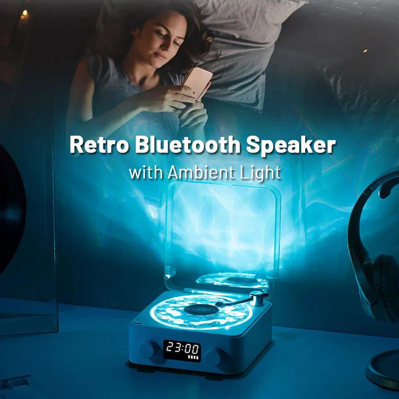 Retro Turntable Bluetooth Speaker with RGB Projection Lamp Effect offering Wireless Bluetooth 5.0 Stereo Sound, White Noise, and Nature Sounds in Portable 142mm x 153mm x 67mm Size suitable for bedside, home use, or outdoor carry.