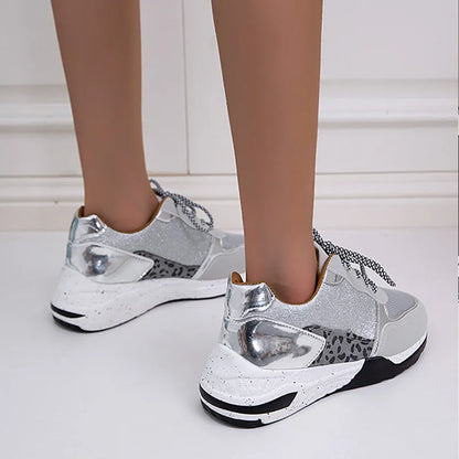 Women's lace-up wedge trainers in beige or grey with round toe, artificial PU upper and rubber sole, sizes 35-43