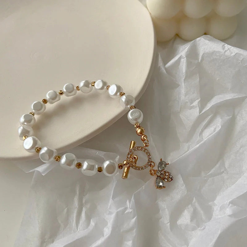 Classic Natural Stone Pearl Pendant Bracelet with insect motif for women