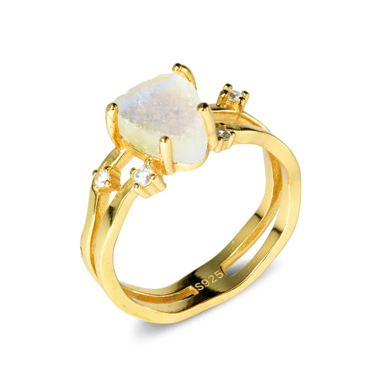 S925 sterling silver ring with an irregular triangular bezel holding a genuine cabochon moonstone, on a model's finger.