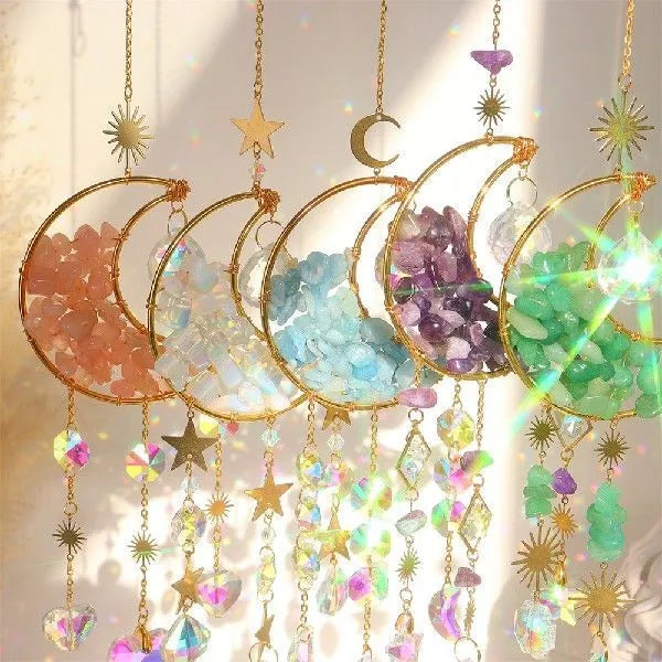 Moon-shaped K9 crystal car pendant with 420mm metal chain and 100mm diameter reflective centre in blue, green, pink, purple, or white