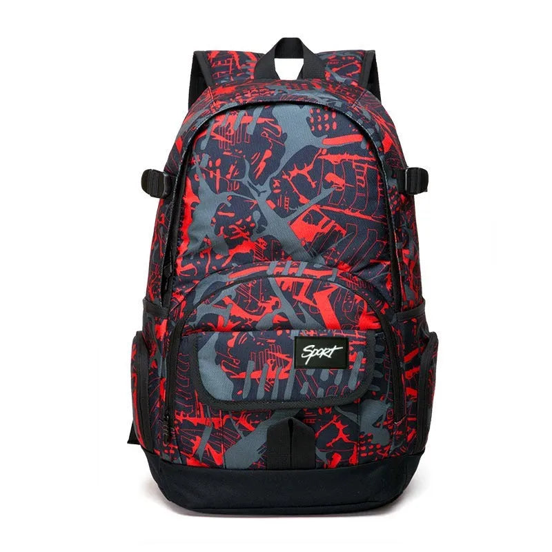 Blue nylon backpack showing front organisational pockets, side water bottle holder, and adjustable shoulder straps