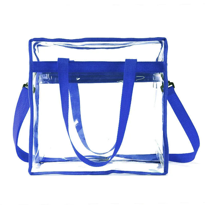 Clear PVC women's messenger bag with a coloured front panel and double shoulder straps.