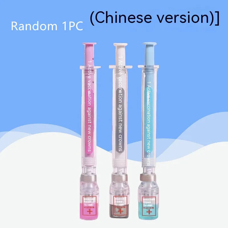 Vaccine design gel pen with plastic construction measuring 15.7cm length and using 0.5mm black refill