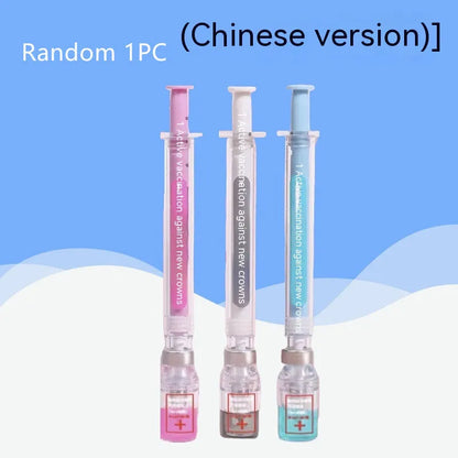 Vaccine design gel pen with plastic construction measuring 15.7cm length and using 0.5mm black refill