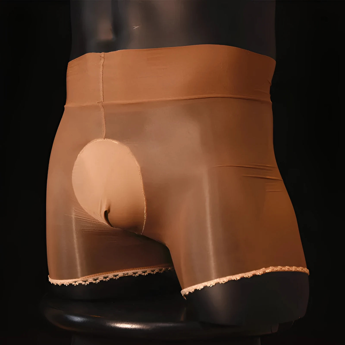 Men's sheer transparent stockings briefs with lace closures in black, coffee, red and skin colour options