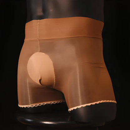 Men's sheer transparent stockings briefs with lace closures in black, coffee, red and skin colour options
