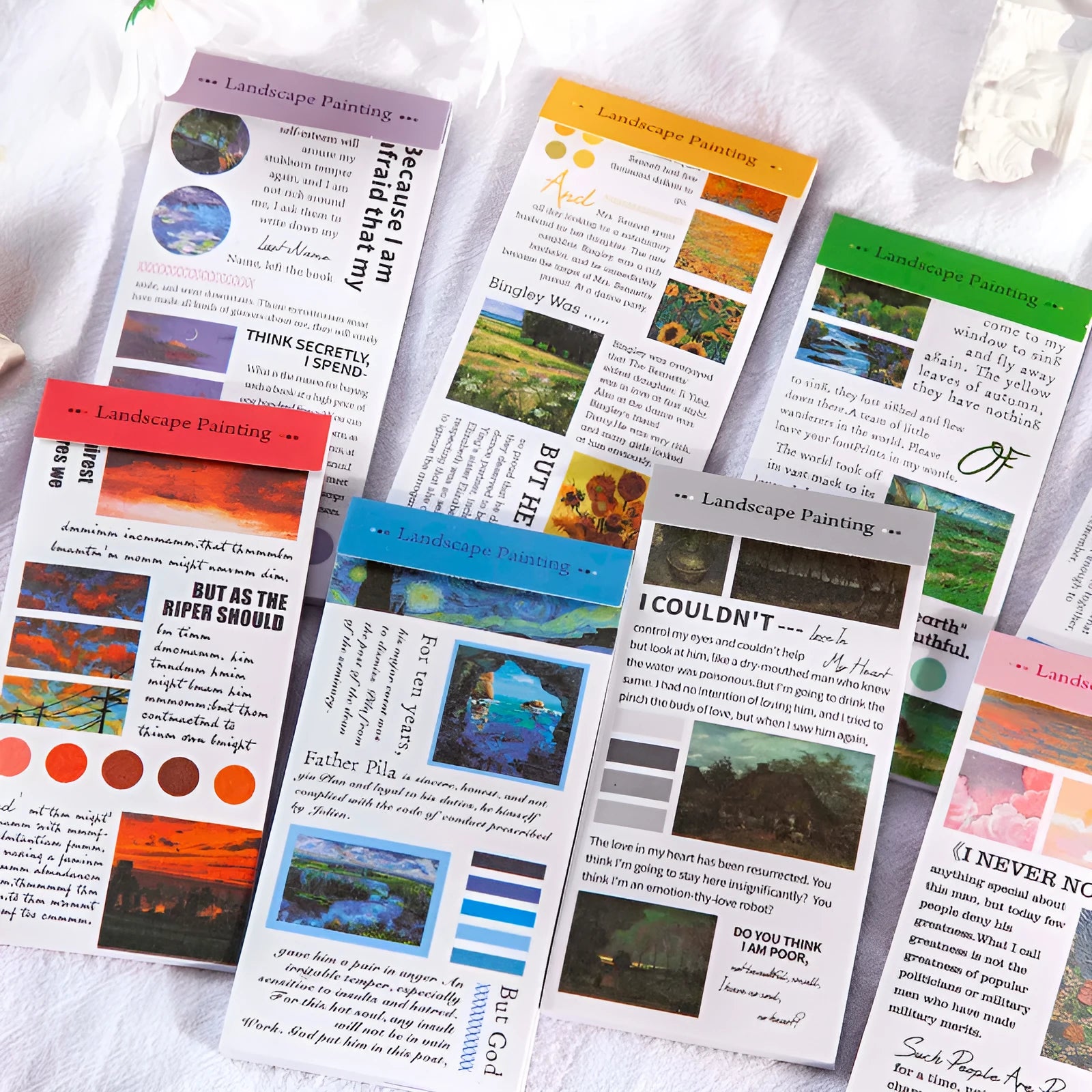 Pack of 20 rectangular paper stickers featuring famous landscape painting artworks.
