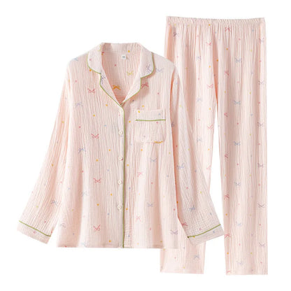 Women's cotton crepe pajama set in pink or beige with long sleeves and thin lightweight fabric
