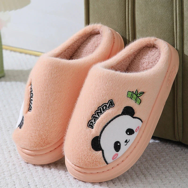 Cozy and stylish panda-themed plush slippers with a thick, cushioned sole for maximum comfort around the house