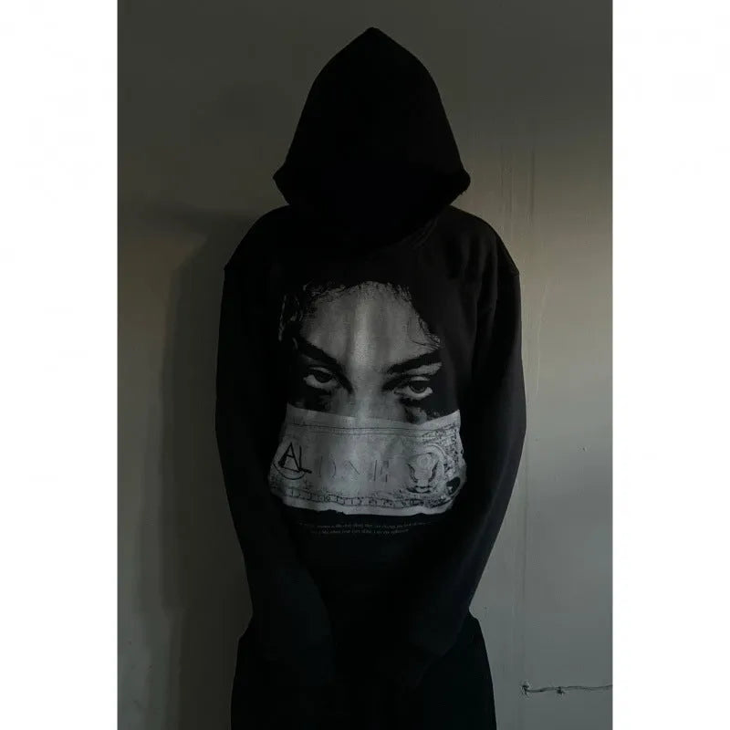 Black women's hooded sweater with printed cartoon design, loose fit casual wear