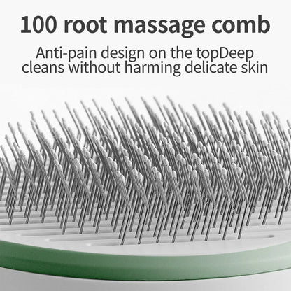 Rechargeable pet grooming brush with UV sterilization, automatic hair removal, and ergonomic floating comb design