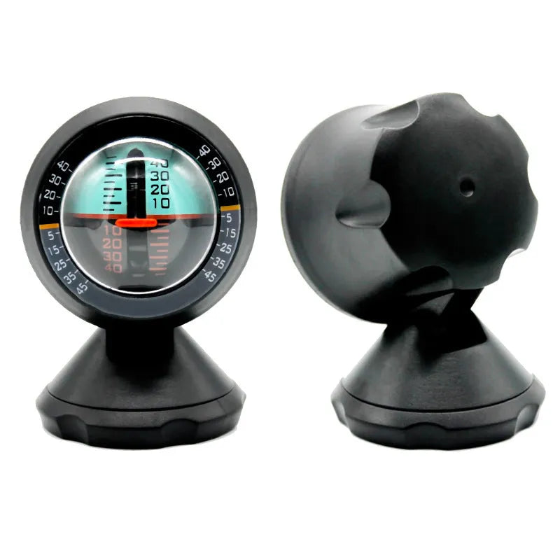 Black vehicle mounted slope meter with adjustable viewing angle for measuring automotive pitch and roll
