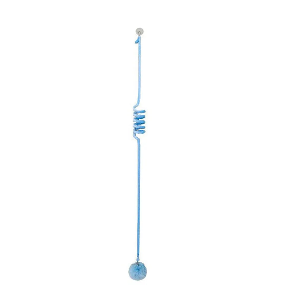 Hanging cat toy with spring, bell, and inflatable ball attached to a door via a suction cup.