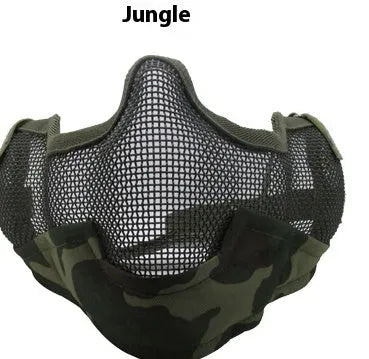 Carbon steel net protective face mask in camouflage pattern for outdoor field use.