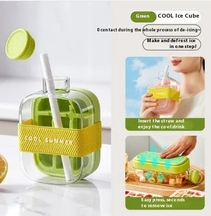 Portable instant ice maker cup in green colour with straw, showing one-click molding mechanism.