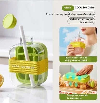 Portable instant ice maker cup in green colour with straw, showing one-click molding mechanism.