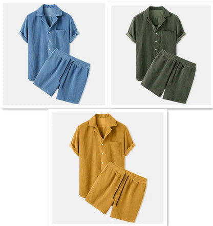 Corduroy short sleeve suit two-piece in yellow, green, and light blue