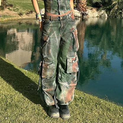 Loose fit cargo denim trousers with gradient colour bloom pockets in streetwear style