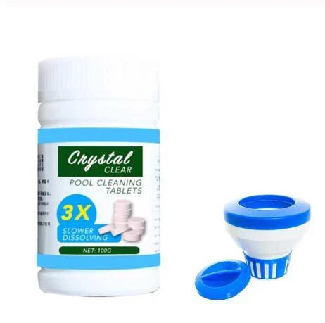 Refreshing pool cleansing tablets for crystal-clear water, featuring a floating dispenser and stabilised chlorine formula