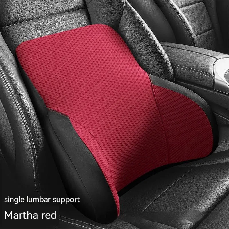 Memory foam car lumbar support pillow and matching headrest in knitted fabric with latex filler