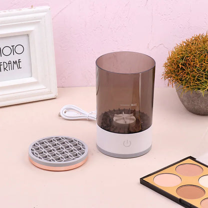 Grey and white portable electric makeup brush cleaner machine with USB charging cable