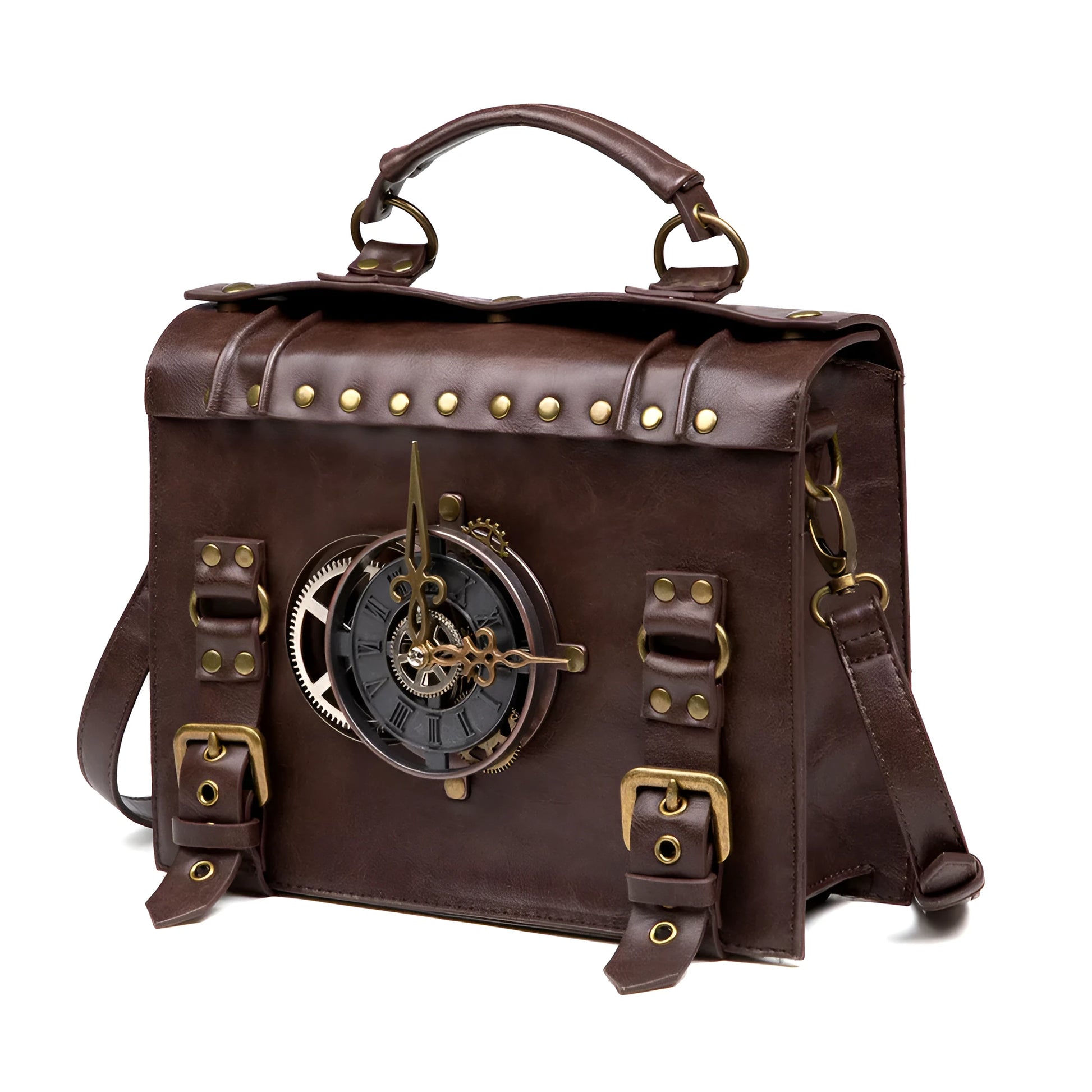Bronze steampunk industrial retro shoulder bag with metal hardware on horizontal square pillow bag design