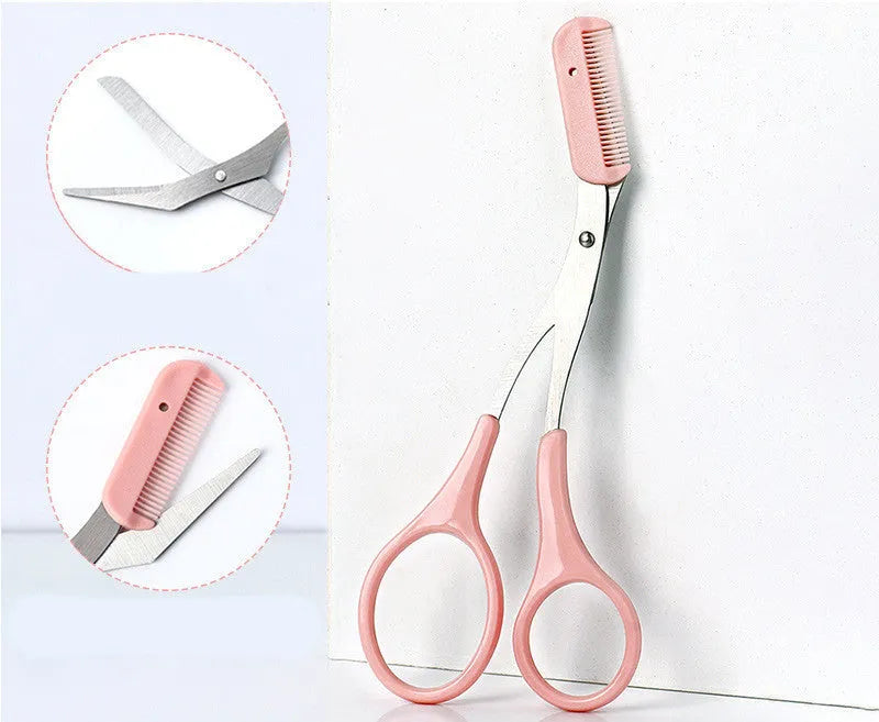 A curved moon-shaped eyebrow trimming knife and a cutting comb on a white background.
