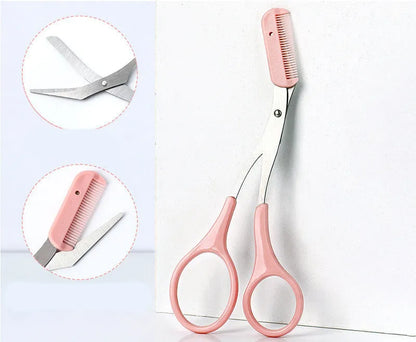 A curved moon-shaped eyebrow trimming knife and a cutting comb on a white background.