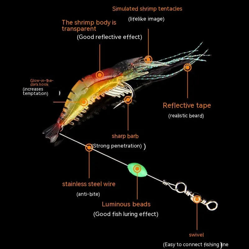 Soft plastic fishing lure with hook measuring 4cm long by 1.5cm wide, available in six colour variations including luminous options for increased visibility, designed for freshwater and saltwater angling.