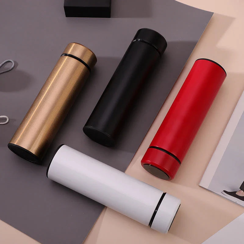 Sleek stainless steel vacuum flask with LED temperature display in various colors and capacities