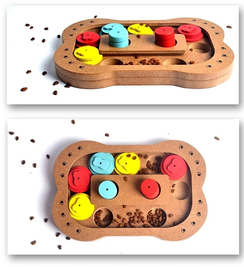 Wooden dog puzzle toy in bone type, paw print, and square styles for feeding and play