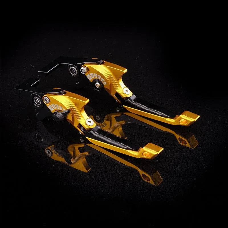Pair of anodised metal bicycle brake horn handle levers with adjustable reach, shown in a two-tone colour finish.