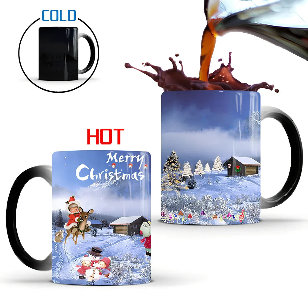 Christmas magic mug showing colour transformation from black to festive patterns when filled with hot liquid