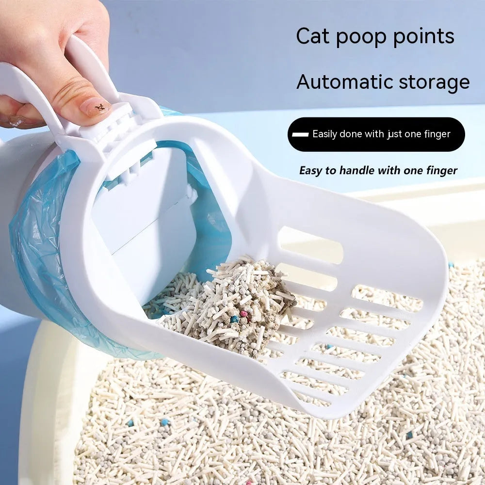 Grey, blue, or green pet litter scoop with attached waste collection bin and foldable bottom