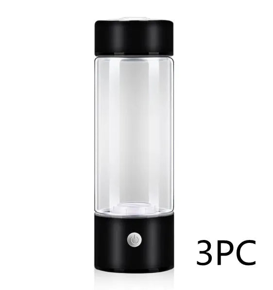 Portable hydrogen water bottle with glass chamber and stainless steel components showing electrolysis bubbles