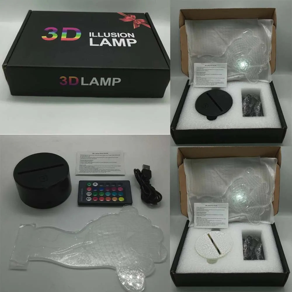 3D rose flower night light showing seven colour options with remote control and USB cable