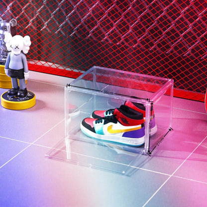 Large transparent acrylic shoe storage box with magnetic side door lid for footwear organisation