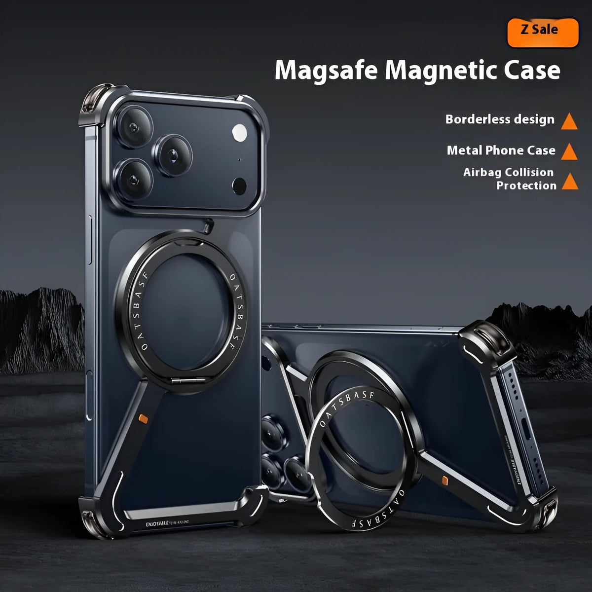 Black electroplated metal phone case for iPhone 17 Pro Max showing integrated magnetic bracket on back.