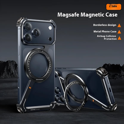 Black electroplated metal phone case for iPhone 17 Pro Max showing integrated magnetic bracket on back.