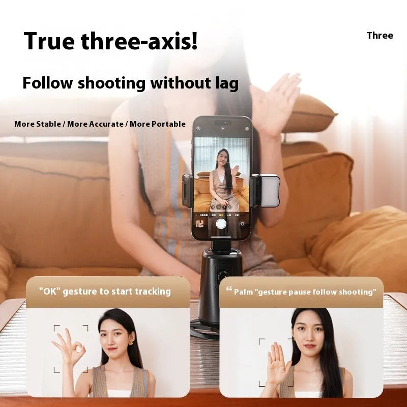 Black desktop smartphone bracket with face tracking camera rotation and LED lighting remote control