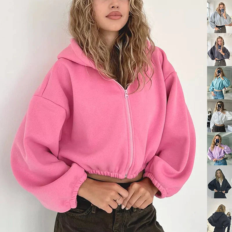Women's solid colour hooded zip-up cardigan in various colours