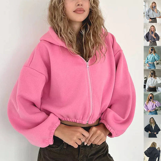 Women's solid colour hooded zip-up cardigan in various colours