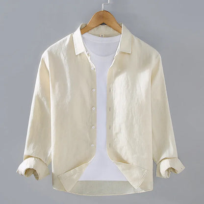 Men's pure linen long sleeve cardigan style shirt in solid colour