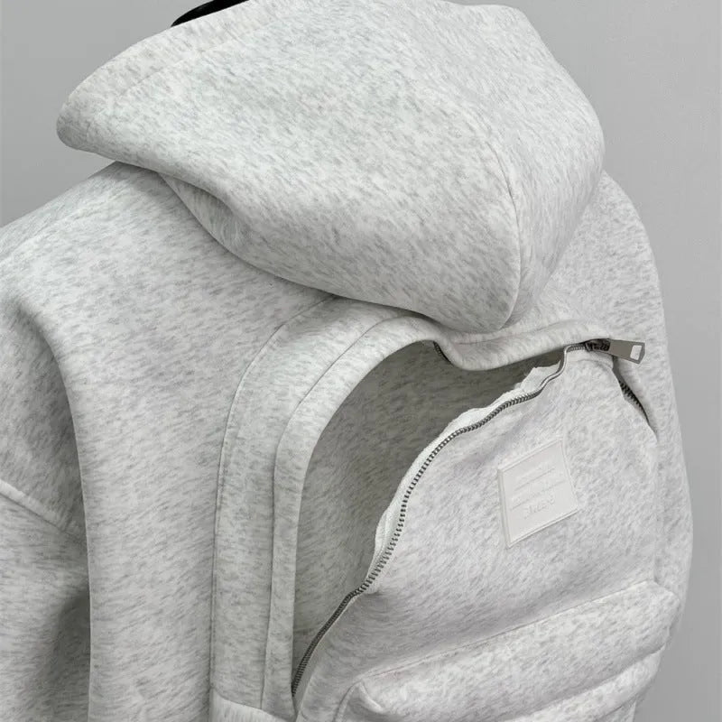 Men's light grey hooded sweatshirt jacket featuring a distinctive schoolbag design on the back.